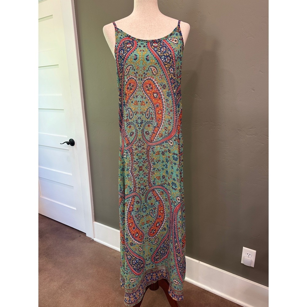 Reborn Paisley Maxi Dress Sz Large Boho Spaghetti Strap Coverup Coastal Festival
